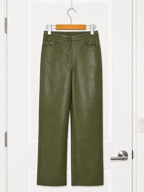 Olive Green Faux Leather Straight Leg Pants